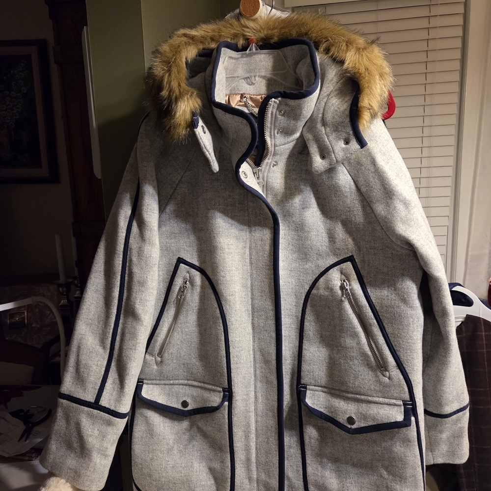 J. Crew Heather Gray Ski Jacket with Tan Fur Hood